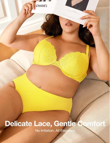 Vista 5 de Deyllo - Brasier de encaje para mujer con efecto de realce de busto, cómodo, con relleno, aros, levanta y añade una copa a tu busto Ámbar dorado