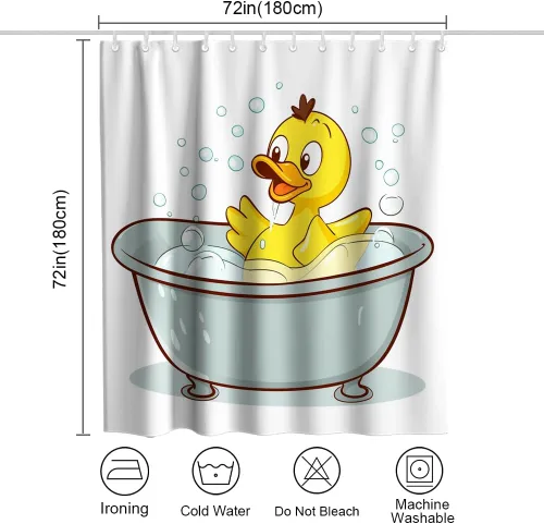 Vista 4 de Divertida cortina de ducha de tela con diseño de pato chirriante amarillo, juego de cortina de ducha para niños, con 12 ganchos, 72 x 72 pulgadas