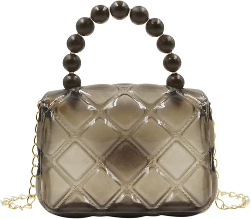 Vista 2 de Bolso cruzado para niñas pequeñas, mini bolso de gelatina, color caramelo, bolsa de hombro transparente con asa superior de perlas