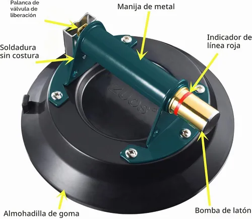 Vista 2 de Ventosa cóncava al vacío de 10 pulgadas para elevación de granito y vidrio, elevador de vidrio al vacío con mango de metal y bomba de latón