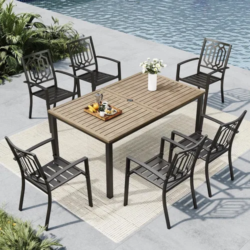 Vista 13 de MFSTUDIO Juego de comedor al aire libre para 6 con agujero para paraguas Patrón de red