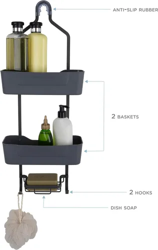 Vista 2 de Bath Bliss Tier - Organizador colgante de aluminio, cabeza, con ganchos de lufa, jabonera, capacidad para botellas grandes y pequeñas, organización