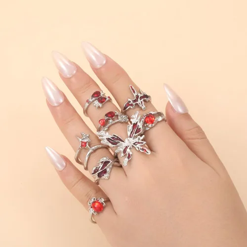 Vista 2 de Juego de anillos de nudillos plateados vintage para mujer, anillo de mariposa roja con piedras preciosas rojas, anillo punk gótico de araña, anillos
