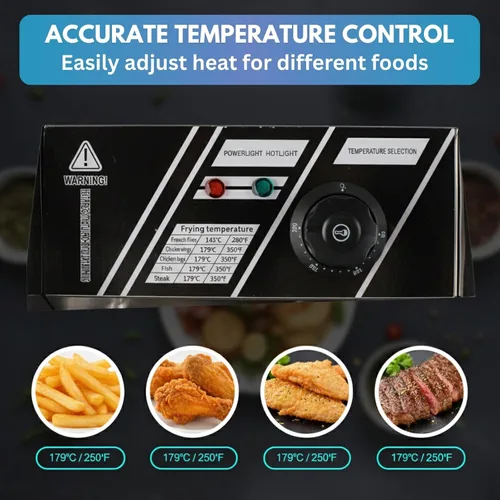 Vista 8 de Freidora eléctrica de 6 litros de acero inoxidable de un solo tanque comercial con canasta, control de temperatura de 2500 W, freidora de encimera