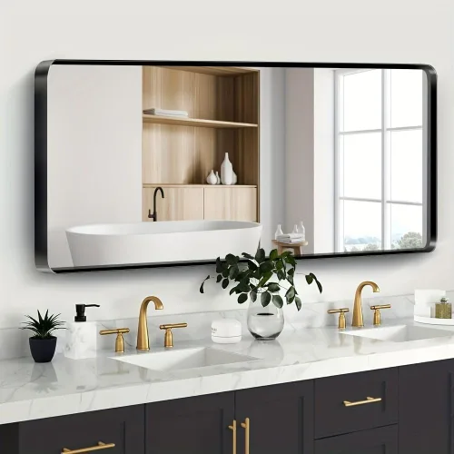 Vista 49 de JISOSO - Espejo de baño negro de 20x30 pulgadas con marco de metal negro, espejo de tocador rectangular redondeado con acabado mate para pared