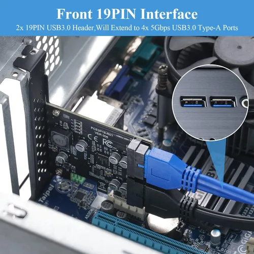 Vista 6 de Tarjeta de expansión PCIe de 1 x a 2 puertos y 19 pines, USB 3.2 Gen 1 5 Gbps SuperSpeed PCI Express adaptador USB, compatible con Windows