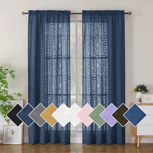 Vista 55 de Simplebrand Cortinas traslúcidas negras de cocina de 24 pulgadas de largo, 2 paneles, filtrado de luz, geométrico jacquard con textura, cortinas
