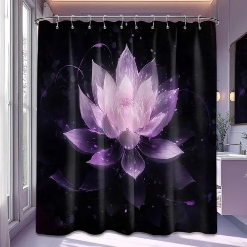 Vista 33 de Cortina de ducha con flores de loto negro y azul para decoración de baño, juego de cortinas decorativas de baño con estampado floral, tela