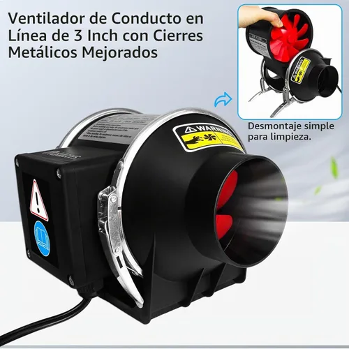 Vista 2 de Ventilador de conducto en línea de 3 pulgadas con controlador de velocidad variable y tubería, extracción de olores de humo eficiente, motor