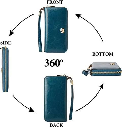 Vista 3 de FOXLOVER Carteras de cuero para mujer con bloqueo RFID pequeño y compacto tarjetero de crédito con bolsillo con cremallera Azul Classic