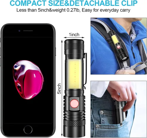 Vista 4 de Linterna recargable, linterna LED súper brillante con luz lateral COB, zoomable, impermeable, 4 modos, linterna táctica para camping, emergencia