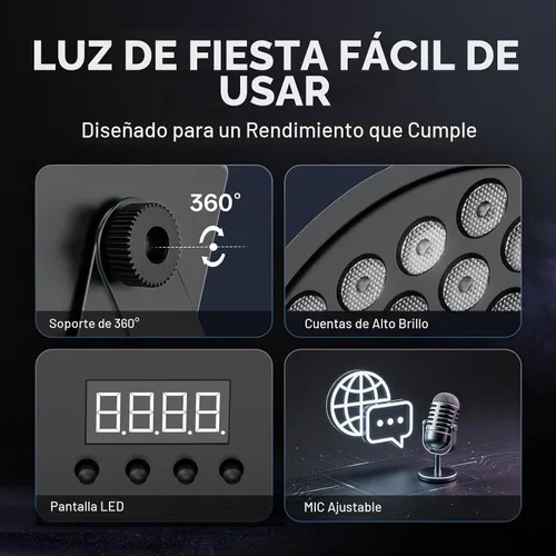 Vista 5 de U`King - Luces LED Par para DJ, luz de escenario con cable, RGB, 36 LED con control activado por sonido, iluminación de escenario para DJ, para 2