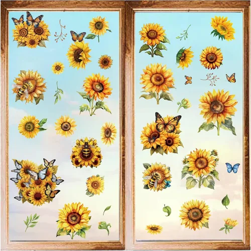 Vista 11 de CRASPIRE 8 hojas de 8 estilos de calcomanías de girasol para ventana, calcomanías de gnomo de primavera, calcomanías autoadhesivas para decoración