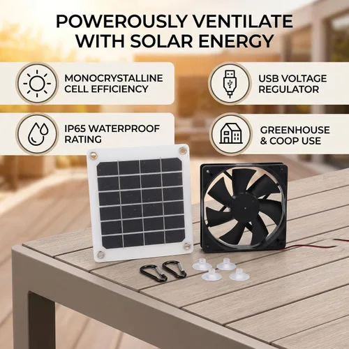 Vista 3 de Kit de ventilador extractor alimentado por energía solar, 6V 10W IP65 impermeable, gallinero de invernadero, carga USB