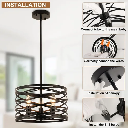 Vista 9 de Candelabros de granja para comedor, iluminación colgante de 3 luces para isla de cocina, tambor negro, lámpara rústica para colgar en el techo