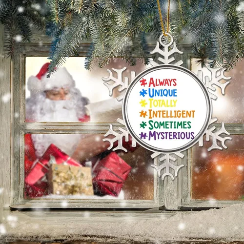 Vista 6 de Adornos únicos a veces para árbol de Navidad, apoyo para autismo, decoración de Navidad, conciencia de autismo, adorno de copo de nieve de metal