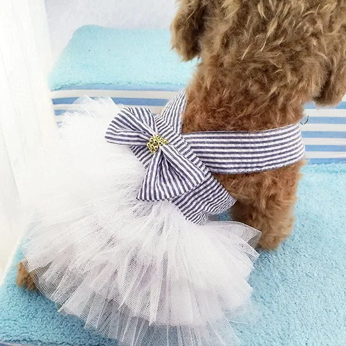 Vista 6 de Vestidos para Perros, Ropa de Mascota a la Moda, Vestidos de Princesa para Cachorros con Rayas y Malla (Azul, XS)