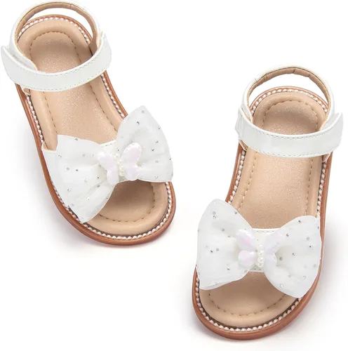 Vista 41 de Sandalias de verano para niñas con puntera abierta, sandalias planas de princesa con suela cómoda D742 Oro
