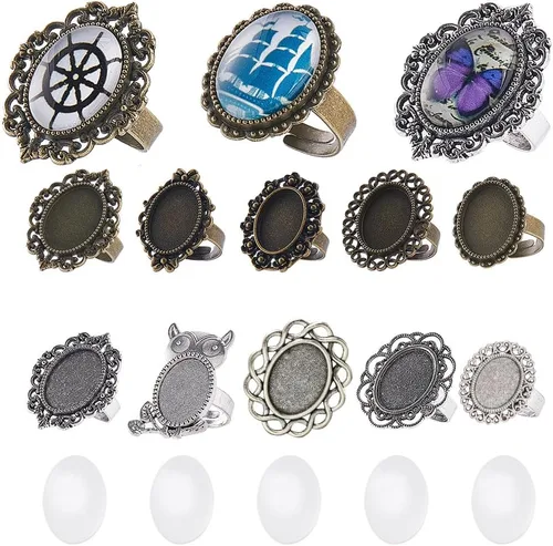 Vista 12 de SUNNYCLUE Juego de 24 piezas de anillos ajustables mixtos, cabujones, kit de fabricación de joyas, ajuste de anillo de dedo, cabujones de cristal