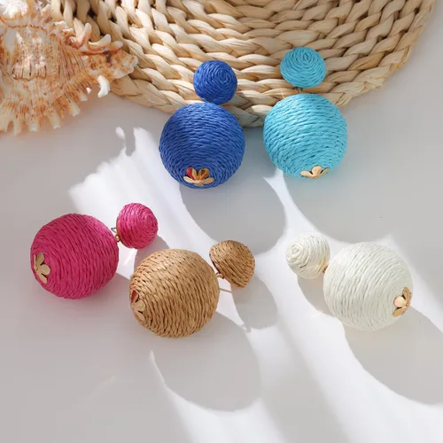 Vista 4 de Pendientes de rafia llamativos para mujeres y niñas, hechos a mano, farol de rafia, aretes colgantes de ratán, regalos de joyería de verano bohemios