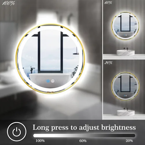 Vista 3 de Espejo de tocador redondo dorado con luces, luz frontal regulable de 3 colores, marco dorado de 16 pulgadas, espejo redondo iluminado para baño