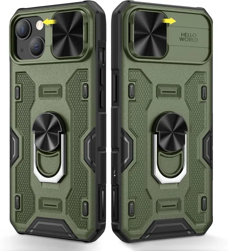 Vista 8 de Caka - Funda para iPhone 14 Plus con soporte y funda para cámara, color negro 360° Rotated Kickstand, Sliding Camera Lens Cover, Heavy Duty Hard