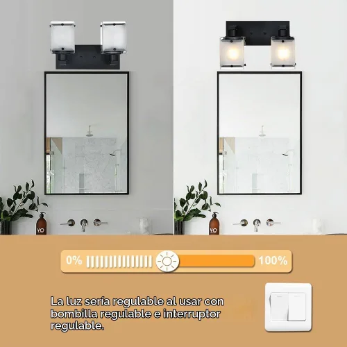 Vista 5 de Lámpara de pared negra de WINSHEN, lámpara de tocador de baño de 2 luces, lámpara de montaje en pared sobre espejo para dormitorio, estudio, sala