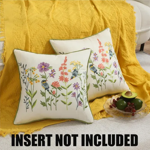 Vista 5 de Juego de 2 fundas de almohada bordadas de 16 x 16 pulgadas, diseño vintage de pájaros con flores, fundas de almohada de granja para almohada, fundas