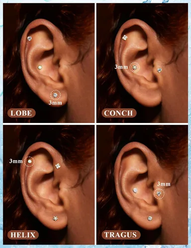 Vista 3 de Aretes de nariz de acero quirúrgico 316L con parte trasera plana de 16G, piercing de labio Medusa Labret Monroe, Tragus Forward Helix, Caracola