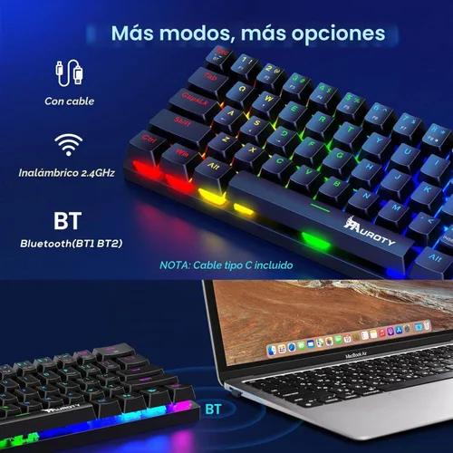 Vista 2 de Pauroty 60% Teclado mecánico inalámbrico, teclado de juego de triple modo 2.4G/USB-C/Bluetooth, retroiluminación RGB, interruptor azul clicky