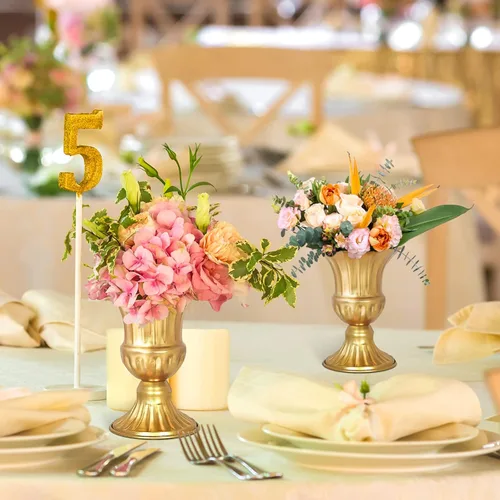 Vista 2 de Jarrones dorados para centros de mesa de boda, juego de 2 jarrones de metal, pequeños centros de mesa, arreglos de flores para boda, recepción