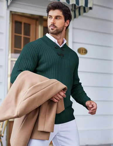 Vista 4 de COOFANDY Suéter de punto con cuello de chal para hombre, casual, ajustado, con botones, suéter de punto