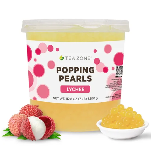 Vista 13 de Tea Zone Popping Pearls. Popping Boba, perlas negras con jugos saborizados, frasco de 7 Lb