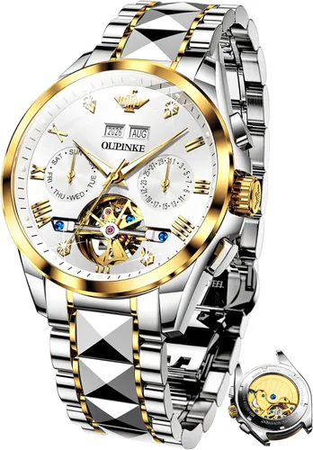 Vista 12 de OUPINKE - Reloj automático para hombre, diseño de esqueleto de diamante mecánico de cuerda automática, lujo, reloj de pulsera de cristal de zafiro