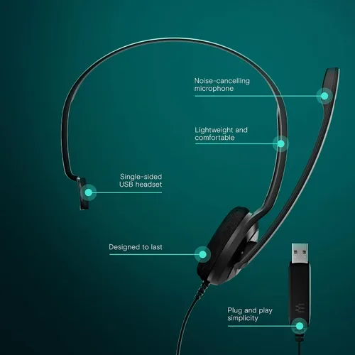 Vista 2 de EPOS Auriculares USB con cable PC 7 – Micrófono ligero con cancelación de ruido, audio de banda ancha, USB-A Plug-and-Play, llamadas nítidas