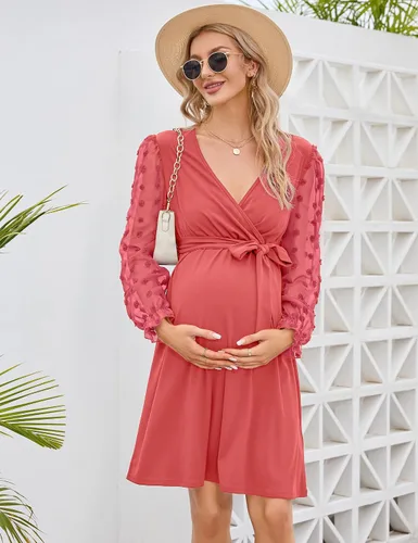 Vista 3 de Vestido de maternidad de manga larga con lunares suizos, cuello en V, para otoño, casual, bohemio, vestido midi para baby shower, sesión de fotos