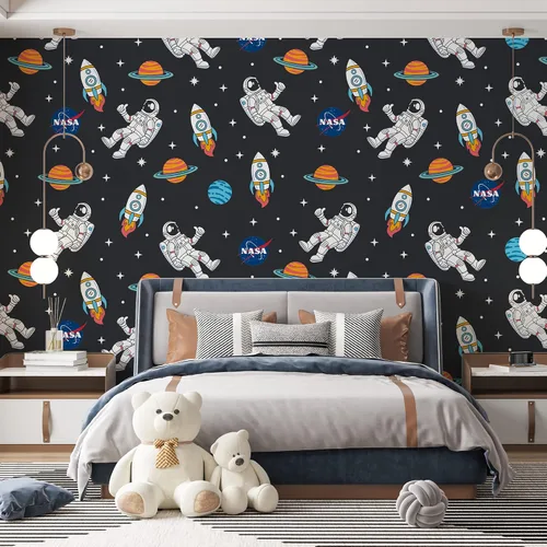 Vista 2 de EGD Papel tapiz de astronautas y planetas, papel tapiz de la NASA, decoración de habitación de niños, papel tapiz para diseño de interiores