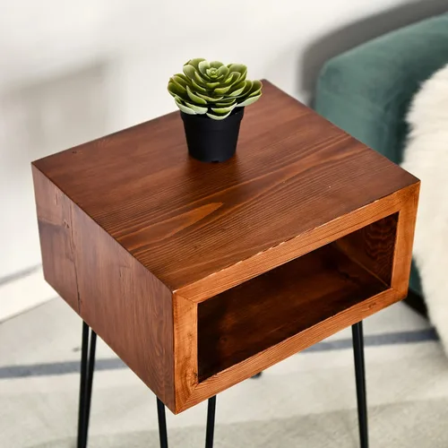 Vista 8 de WELLAND Mesita de noche de madera de pino maciza, mesa auxiliar con patas de metal, 15.5 pulgadas de largo x 13.5 pulgadas de ancho x 22 pulgadas