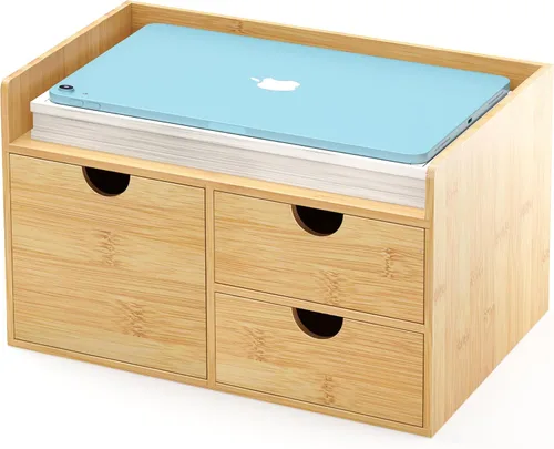 Vista 8 de Organizador de cajones de escritorio de bambú, organizador de escritorio grande con cajones, caja de organización de almacenamiento de mesa para 2