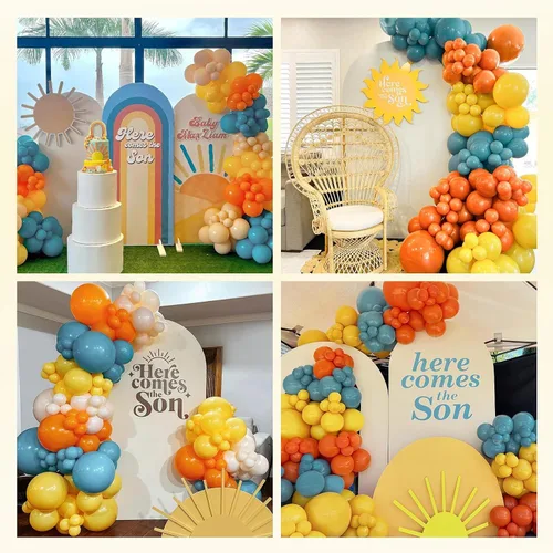 Vista 7 de Kit de arco de guirnalda de globos «Here Comes the Sun» de 151 piezas, estilo bohemio, retro, azul pizarra polvorienta, naranja quemado, naranja