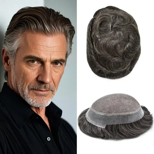 Vista 28 de Monofilamento fino para hombre, sistema de cabello humano Remy, piel de polietileno transparente alrededor del postizo de monofilamento, peluca
