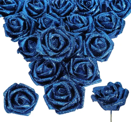 Vista 12 de 30 rosas doradas con purpurina, rosas artificiales de espuma dorada de 2.56 pulgadas con tallos para centros de mesa de despedida de soltera, ramo