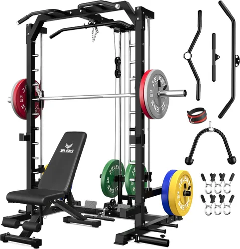 Vista 30 de JELENS SR01 Smith Machine, jaula de potencia multifunción de 2000 libras con sistema de extracción LAT, estante para sentadillas todo en uno