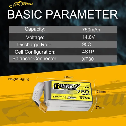 Vista 2 de TATTU R-Line 750mAh 14.8V 95C 4S1P Lipo Batería con Enchufe XT30