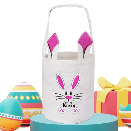 Vista 17 de Touber Cesta de Pascua, canastas de Pascua de algodón personalizadas para niñas y niños, rectangular, cestas de caza de huevos de Pascua con orejas