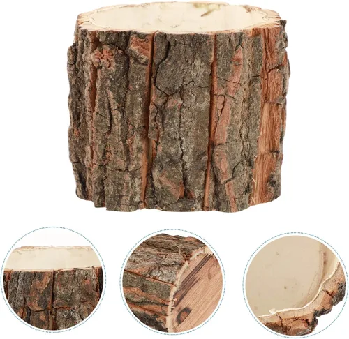 Vista 9 de Happyyami Macetas de madera, cubo redondo de madera para suculentas, maceta de corteza de barril para decoración de balcón al aire libre