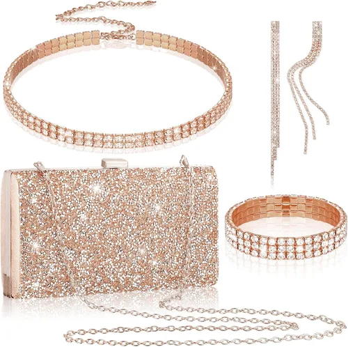 Vista 12 de Kigeli 4 piezas de diamantes de imitación para mujer, bolsa de embrague de noche, collar y pulsera para boda formal