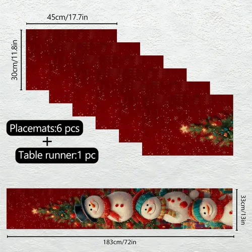 Vista 2 de Juego de manteles individuales y camino de mesa de muñeco de nieve y árbol de Navidad, 7 piezas (1 camino de mesa + 6 manteles individuales), diseño