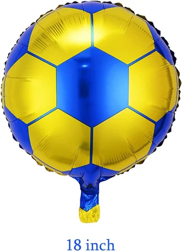 Vista 3 de Juego de 6 globos de fiesta de fútbol, globo de trofeo de campeonato y globos de aluminio de fútbol amarillo azul para cumpleaños, baby shower