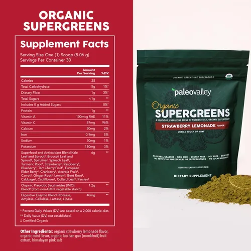 Vista 2 de Paleovalley Organic Supergreens - Superalimento orgánico en polvo de verduras para apoyo inmunológico - Mezcla de polvo verde paleo - 30 porciones